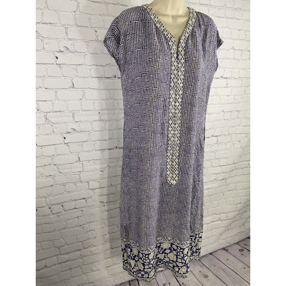 Patio Casuals Cabernet Long Blue White Floral Embroidered Pockets Dress S Small - Picture 2 of 12